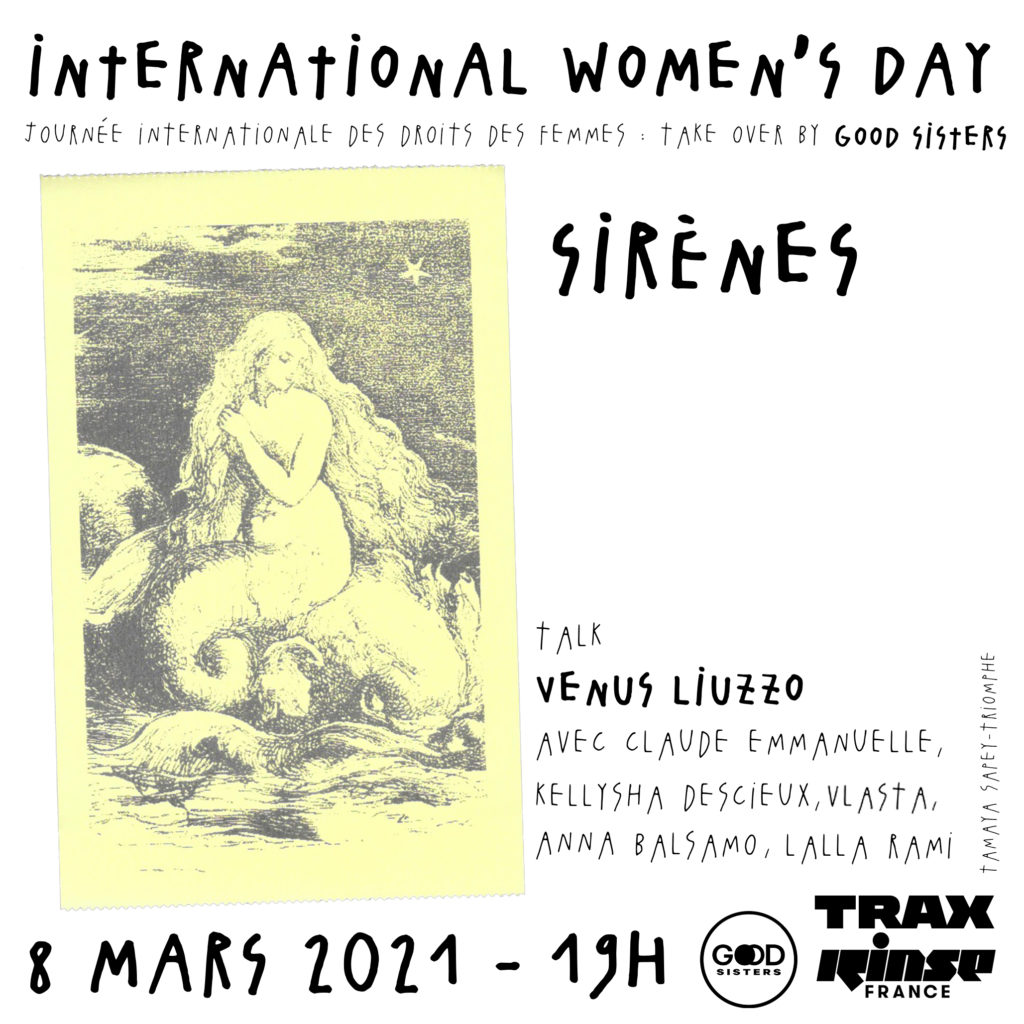 Imagine annonçant l'émission Sirènes du 8 mars 2021 et les invitées de Vénus Liuzzo : Claude Emmanuelle, Kellysha Descieux, Vlasta, Anna et Lalla Rami